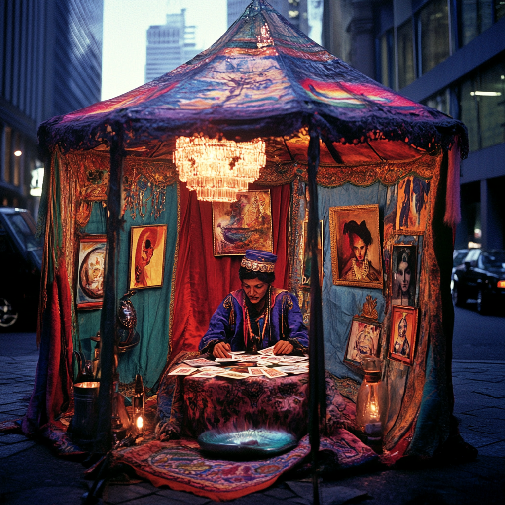 Romani fortune teller in surreal tent with floating art.