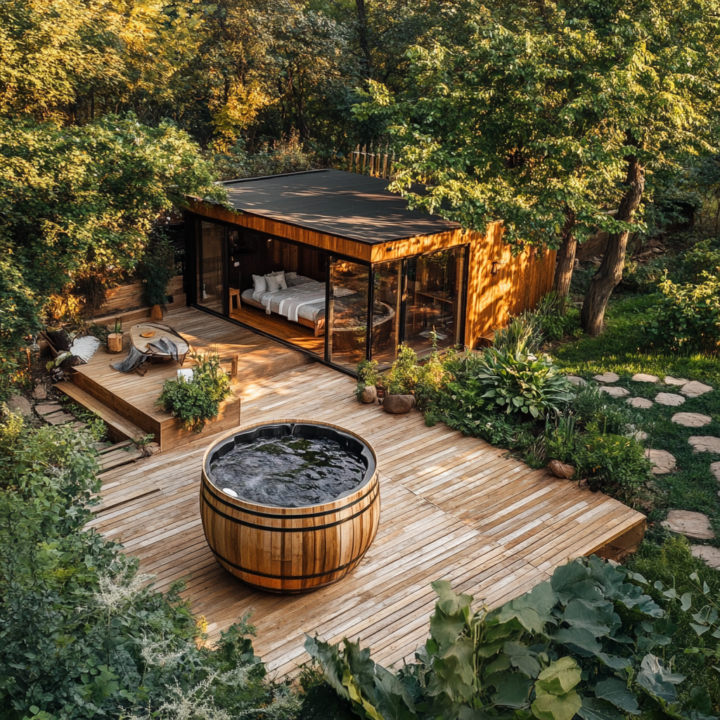 Romanian cottage house with barrel jacuzzi in modern backyard. 