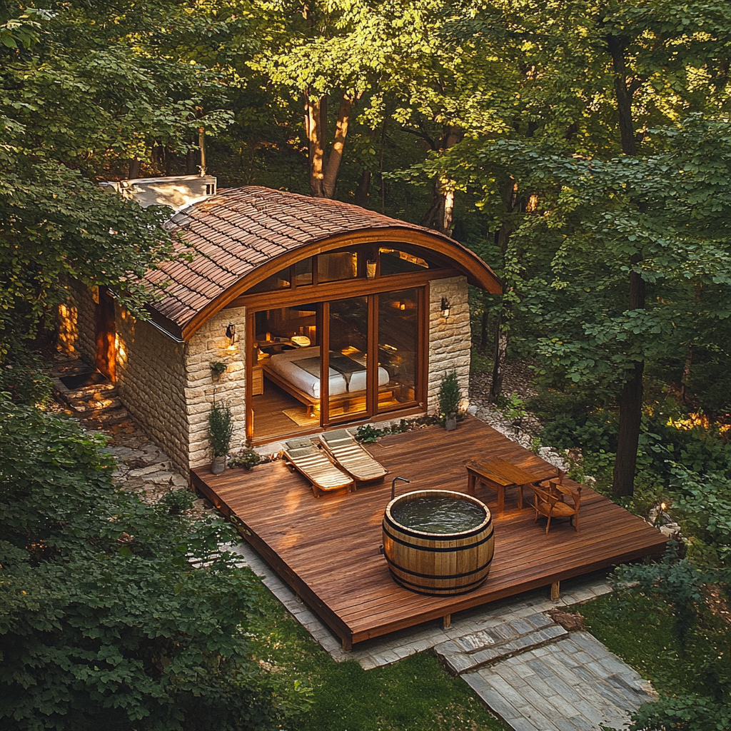 Romanian cottage village house with wooden barrel jacuzzi