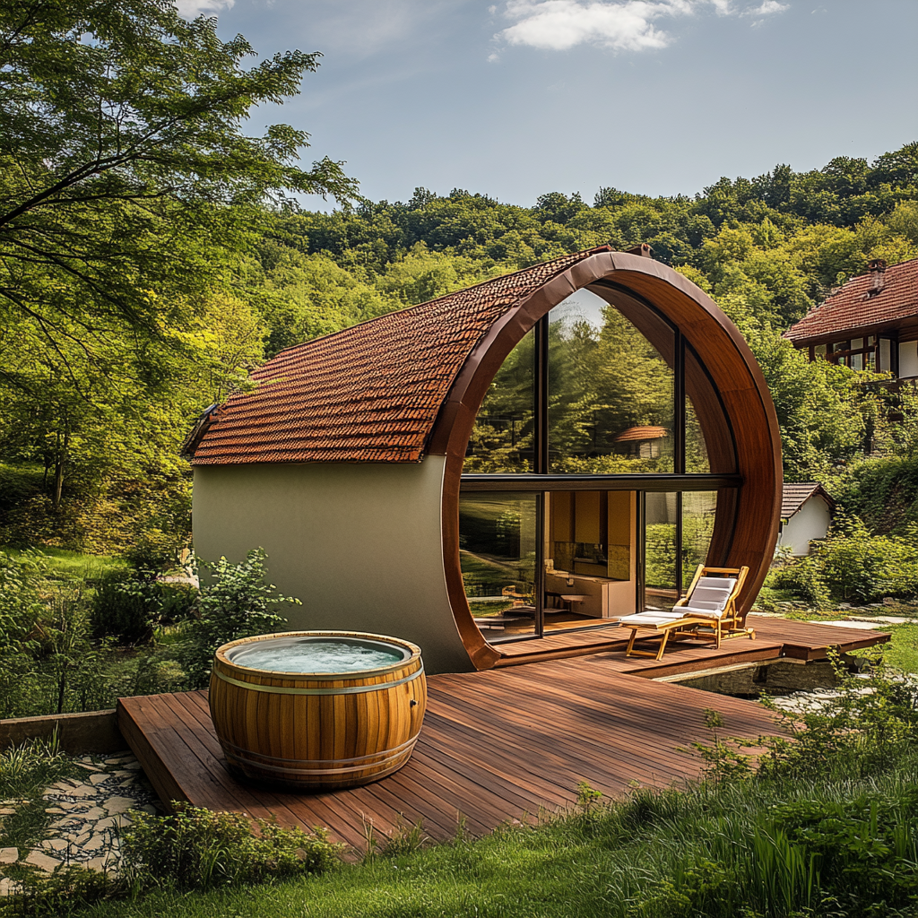 Romanian cottage with barrel jacuzzi in lush backyard - stock photo