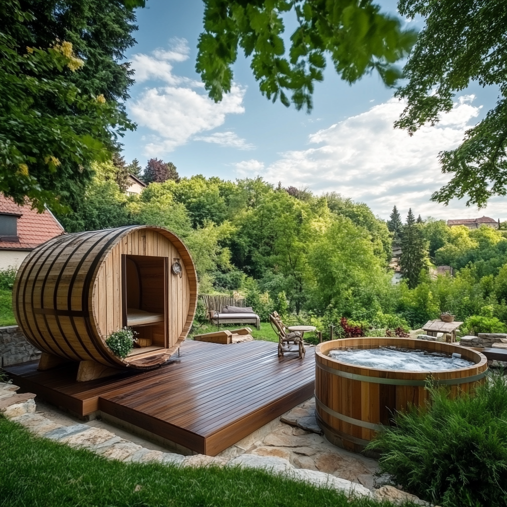 Romanian cottage with wooden barrel jacuzzi in backyard