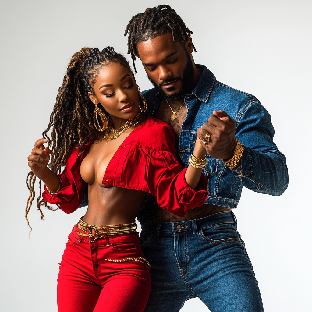 Romantic African American couple dancing in blue and red