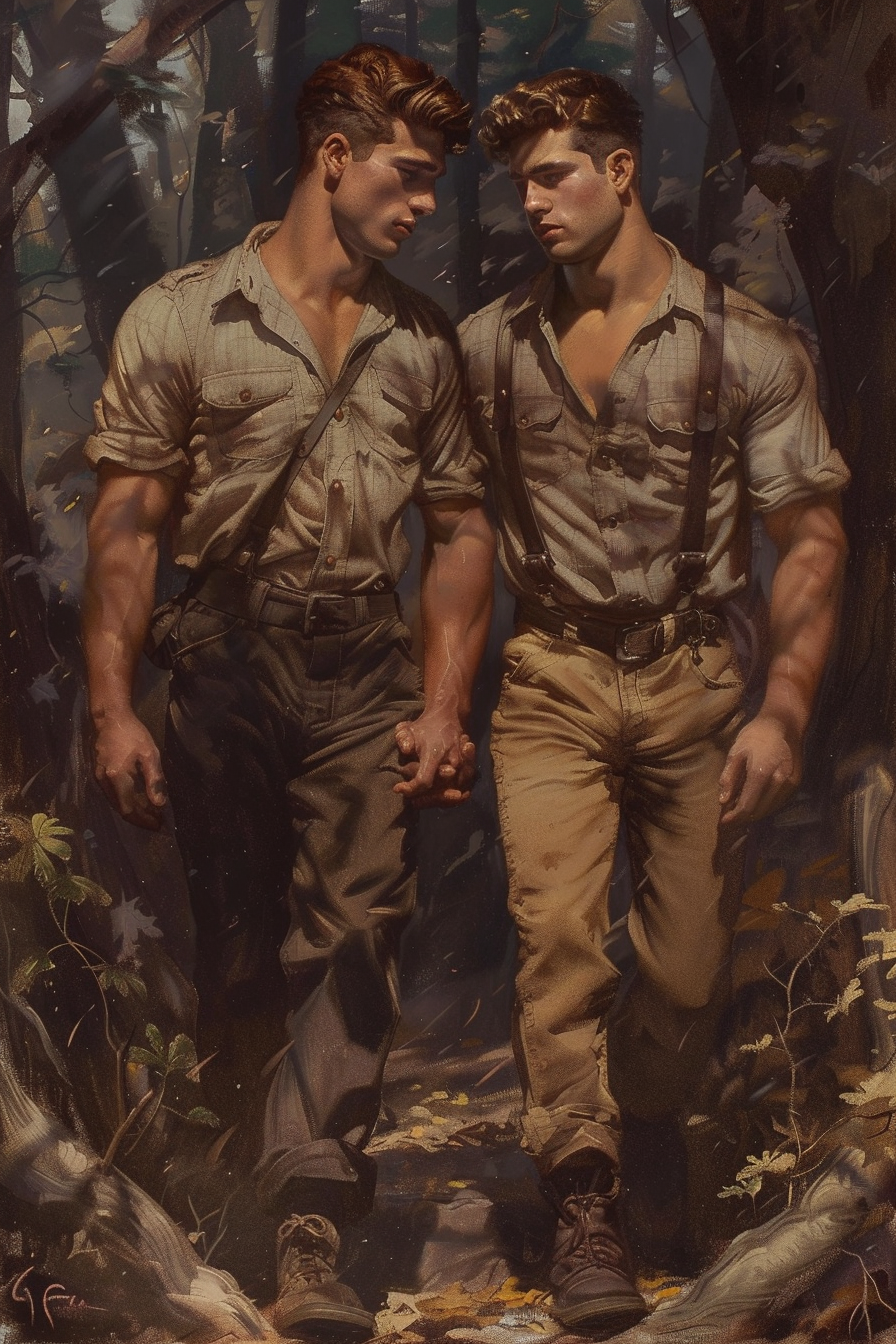 Romantic Forest Stroll with Handsome Men Walking Together