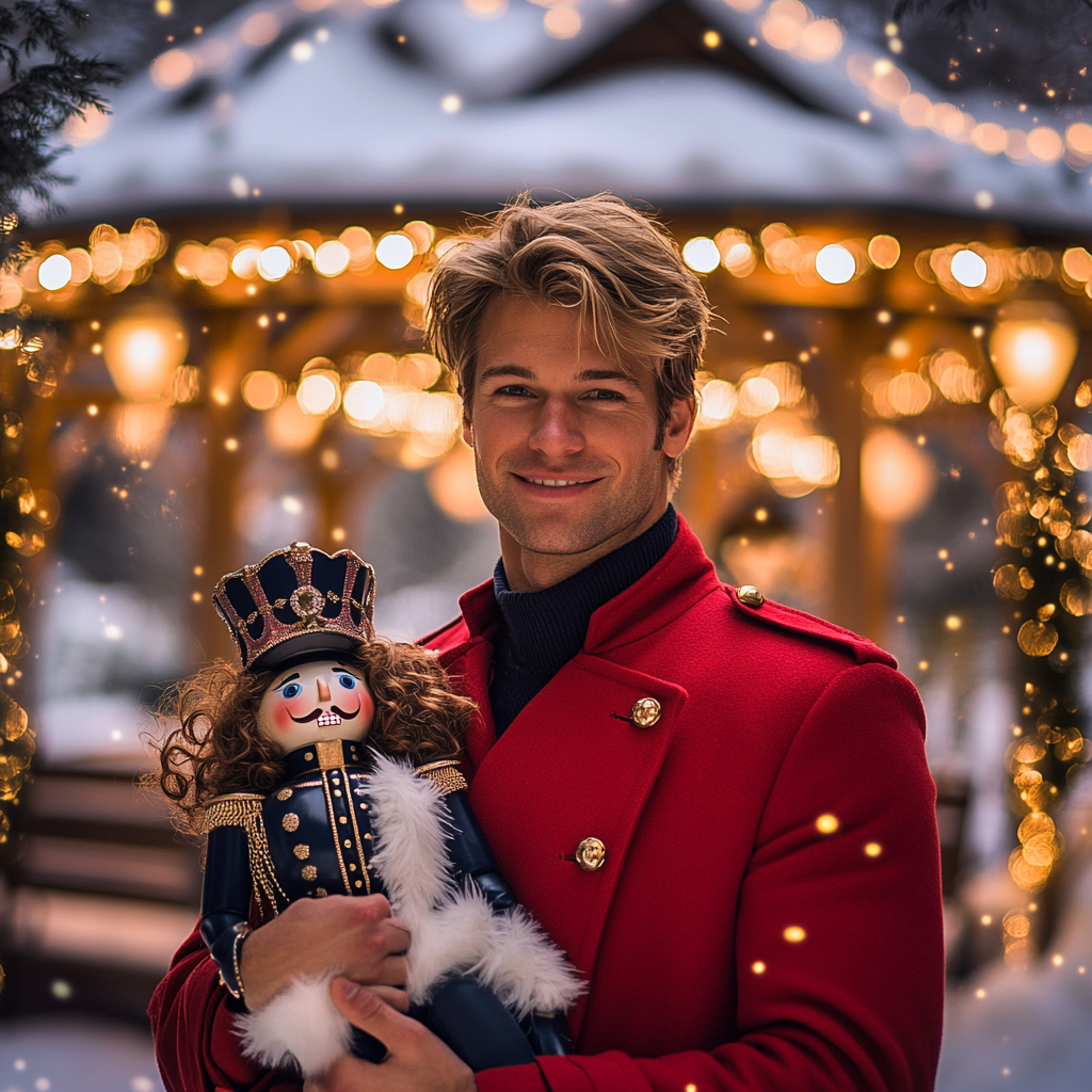 Romantic Man Holds Nutcracker by Snowy Gazebo