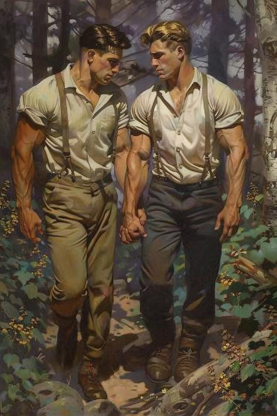 Romantic Men Walking in Forest Blend Frazetta & Leyendecker