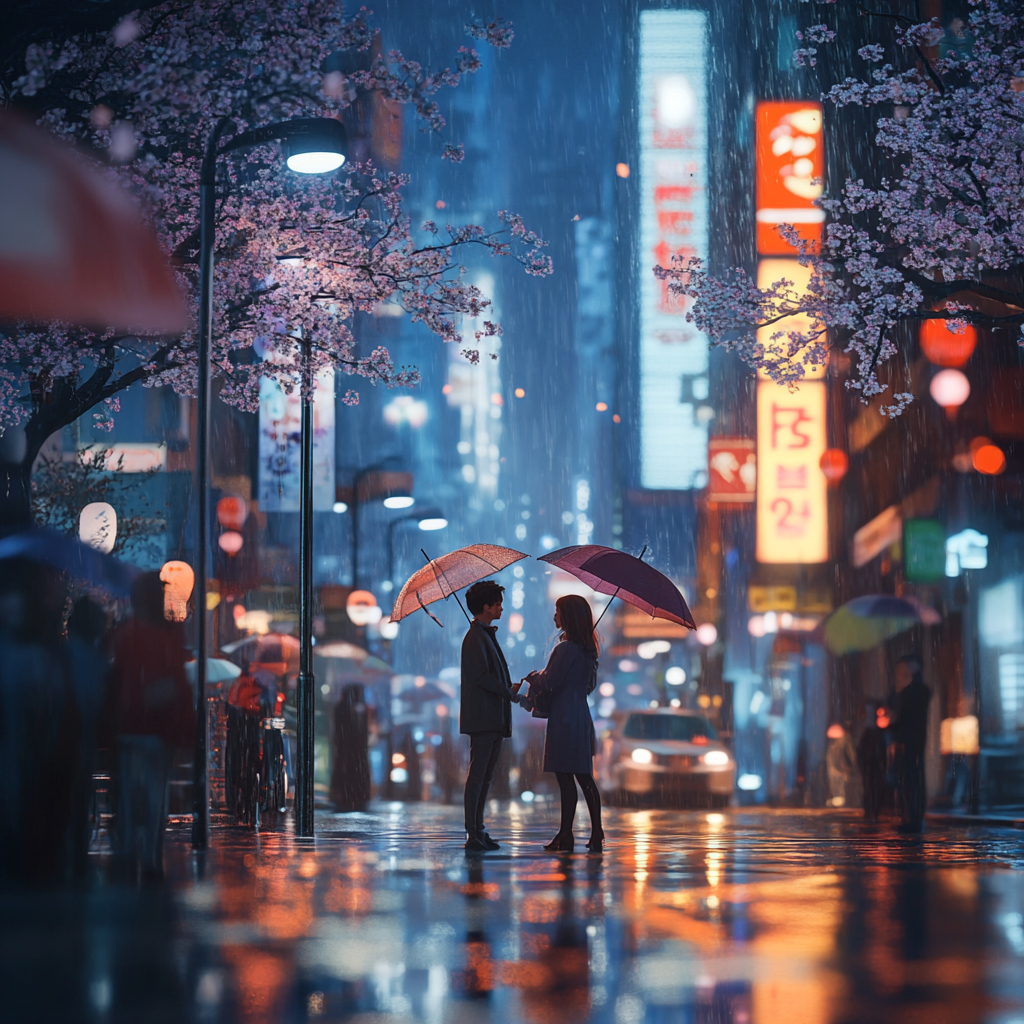 Romantic couple under streetlights in rain with umbrellas.