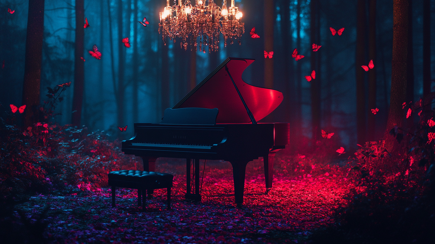 Romantic forest night scene with piano and butterflies.