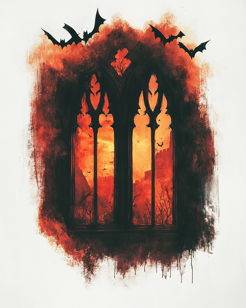 Romantic gothic window in castle, horror style painting.