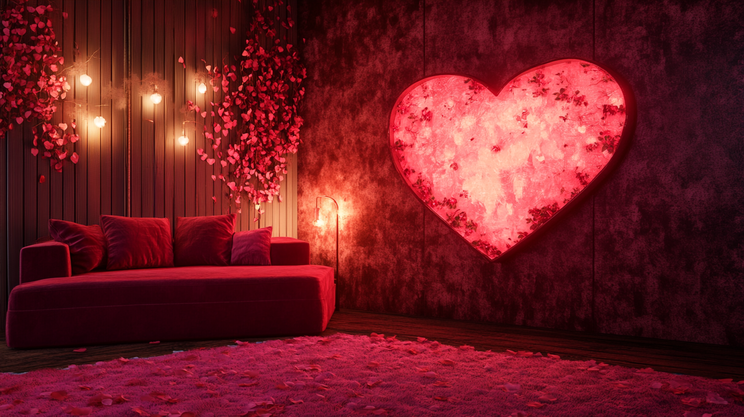 Romantic pink and red room with heart and flowers.