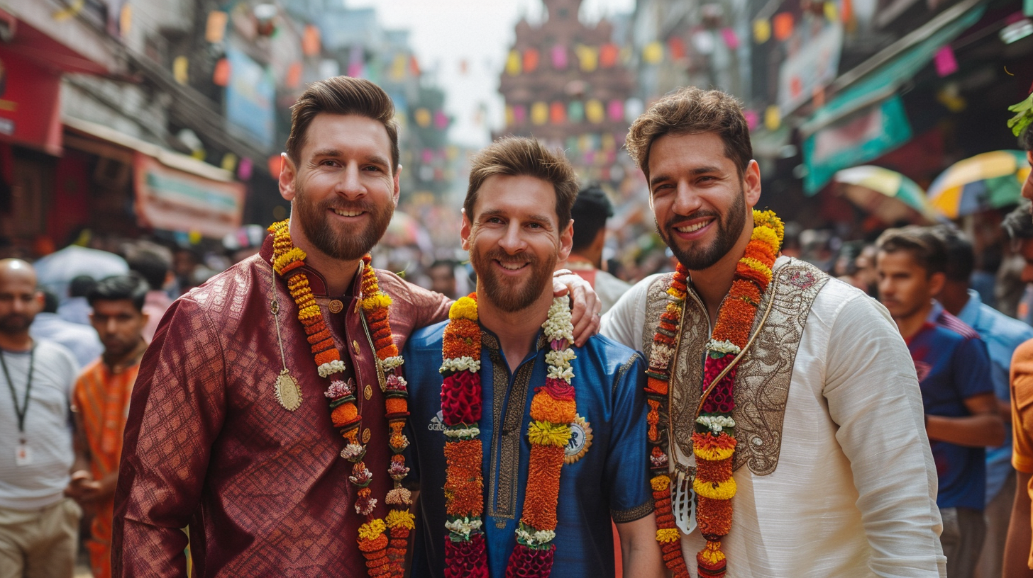 Ronaldo, Messi, Neymar in Indian attire at festival. Grazing Ganesh.