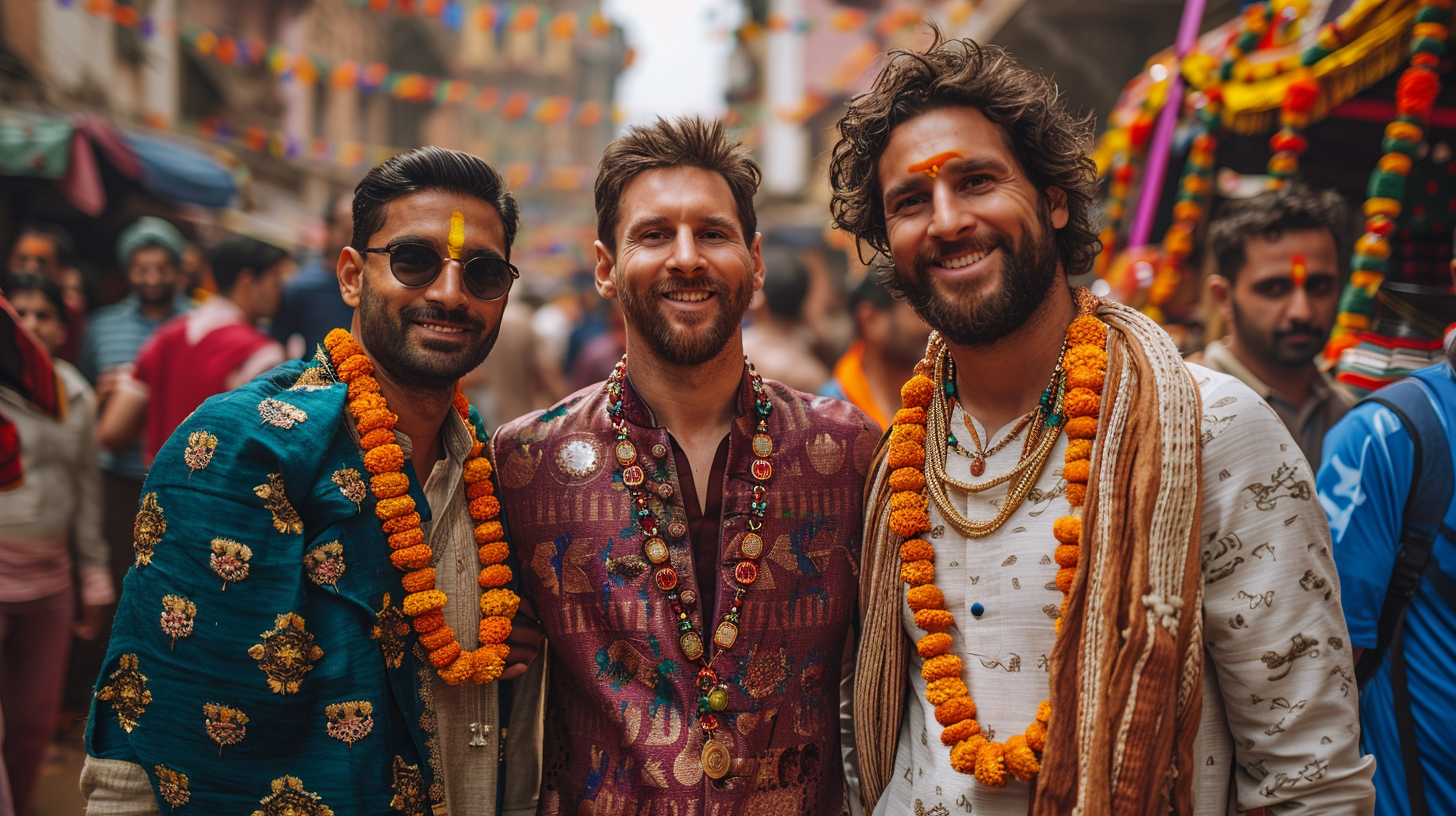 Ronaldo, Messi, Neymar in traditional Indian outfits, smiling joyfully.