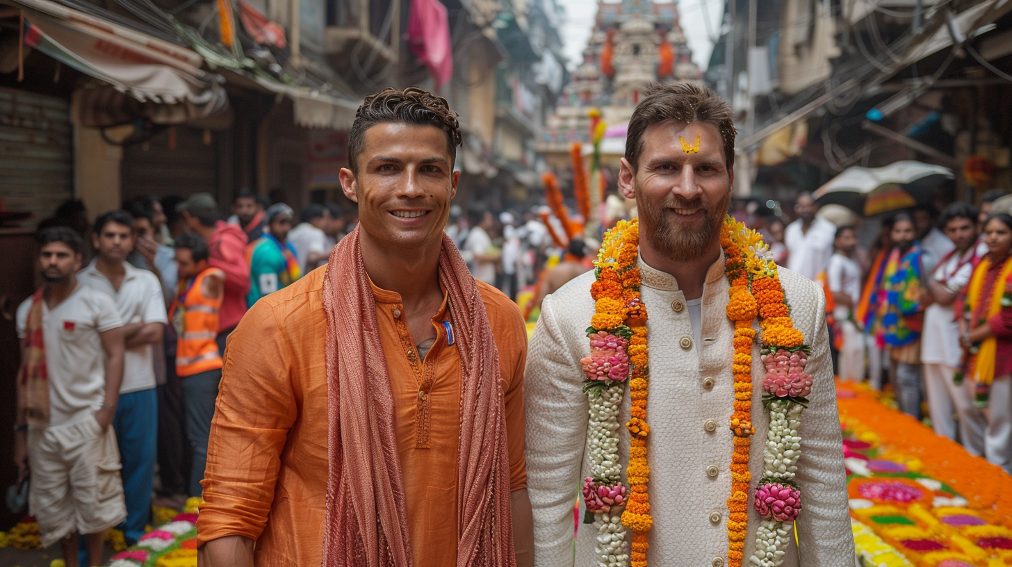 Ronaldo and Messi smiling, celebrating Ganesh Chaturthi in India.