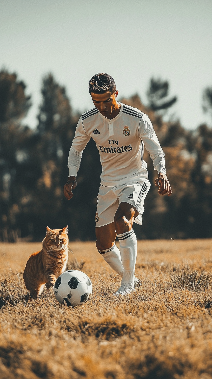 Ronaldo trains with cat in Real Madrid gear.