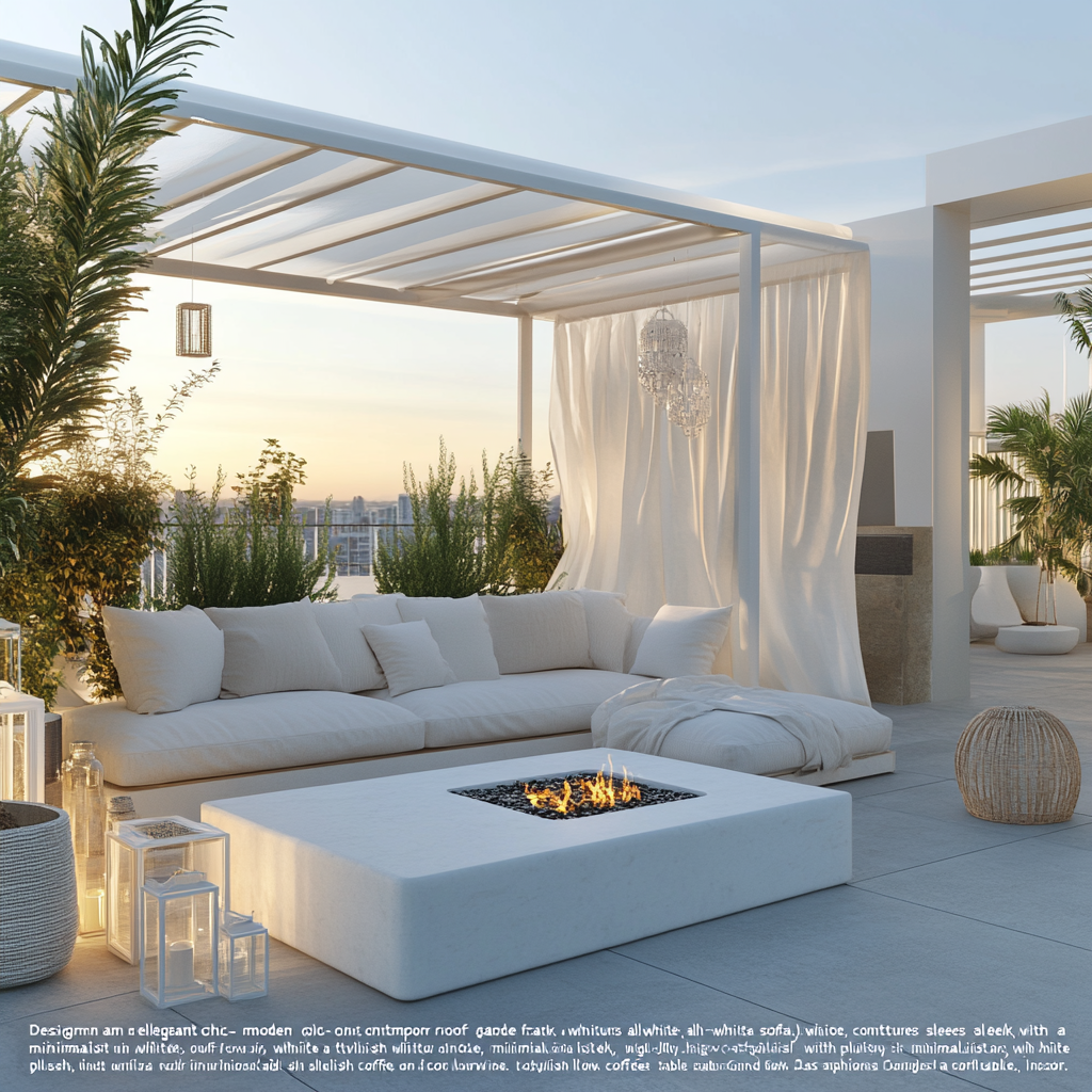 Roof garden with white furniture, sleek accessories, luxury accents.