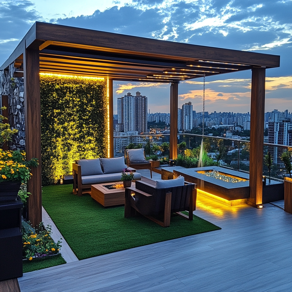 Rooftop Pergola Design with BBQ Area and Waterfall 