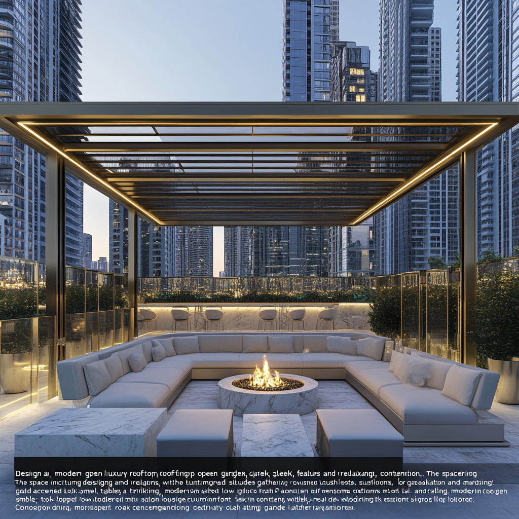 Rooftop garden oasis with modern luxury furniture and accessories.