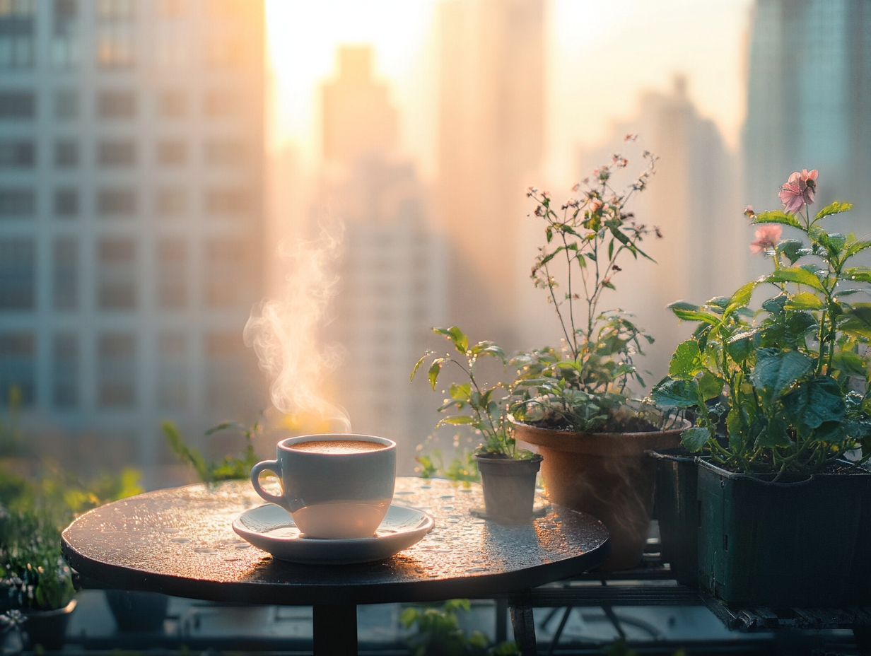 Rooftop garden with plants, coffee, morning mist, sunlight.