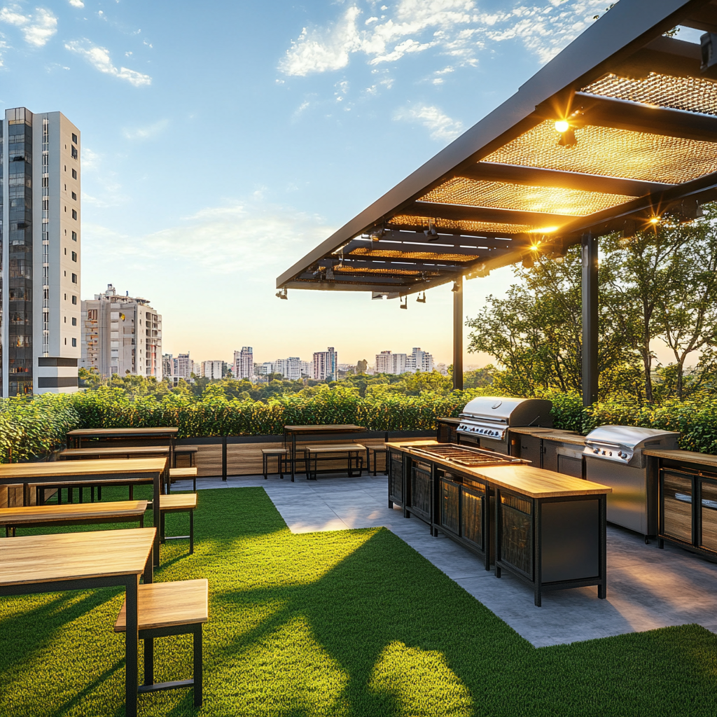 Rooftop grill with seating area for young adults.