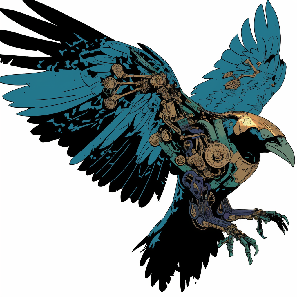 Rook with robot parts flying in bold comic style.