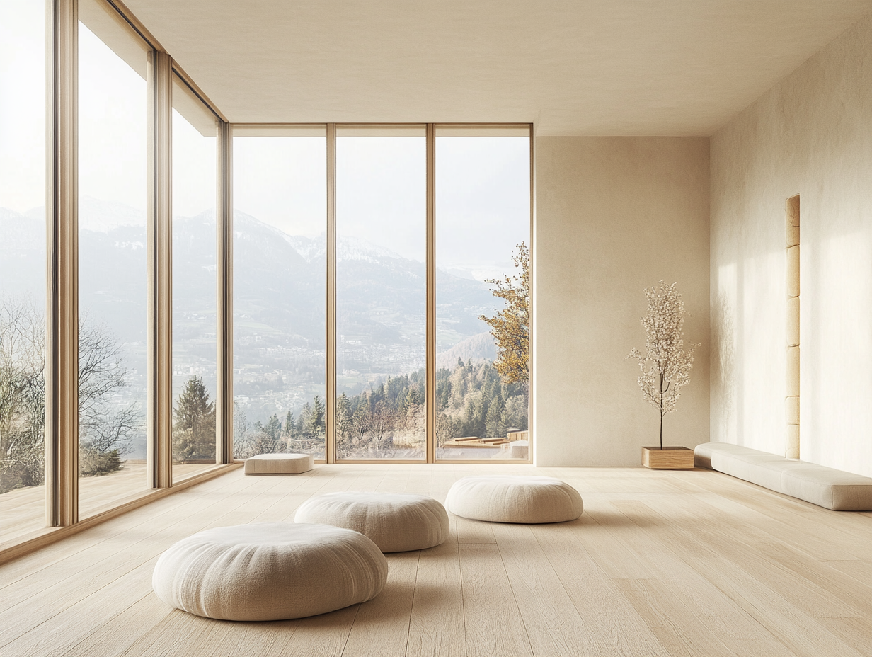 Room with mountains view, natural light, serene ambiance.