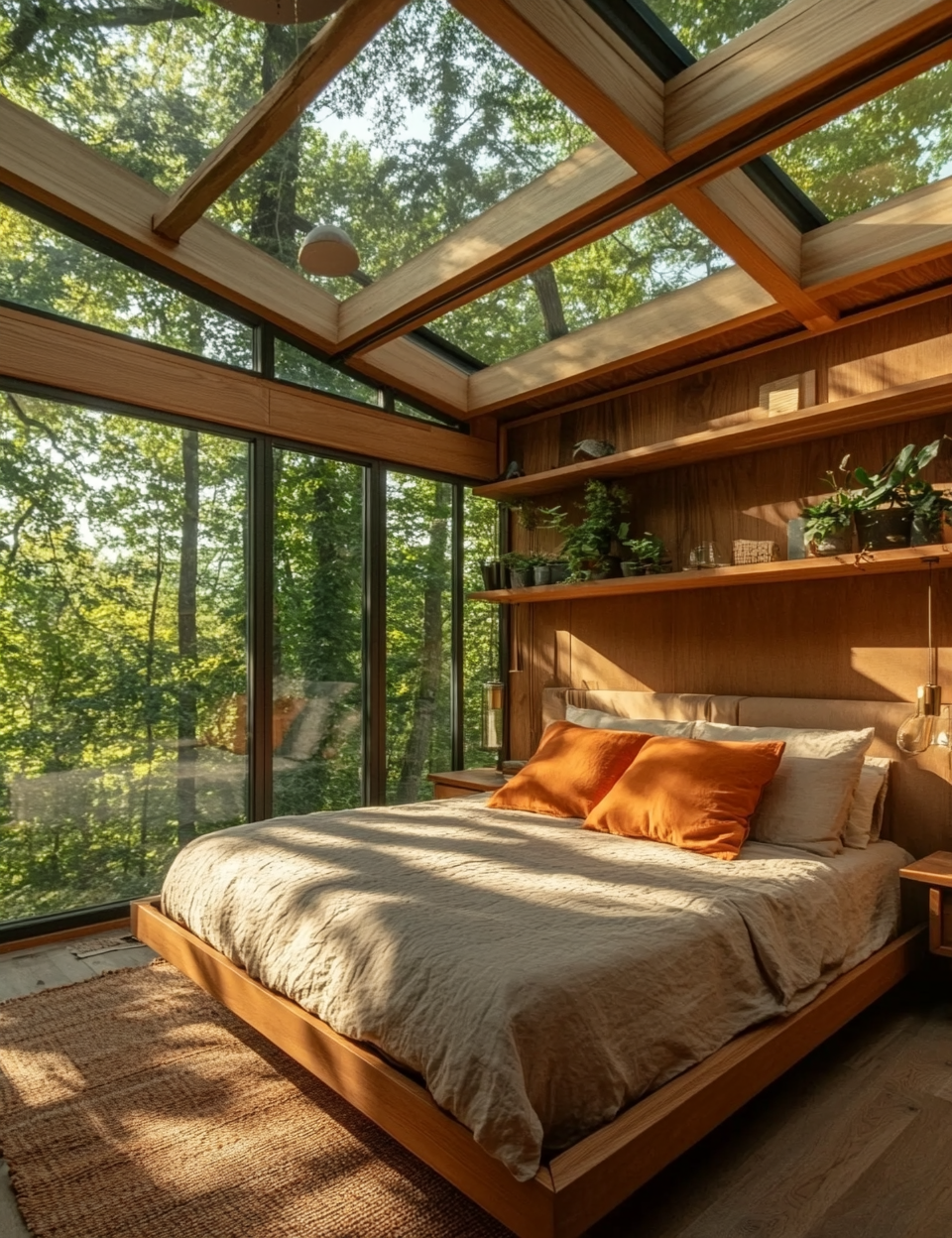 Room with wood, glass, neutral tones, modern style.