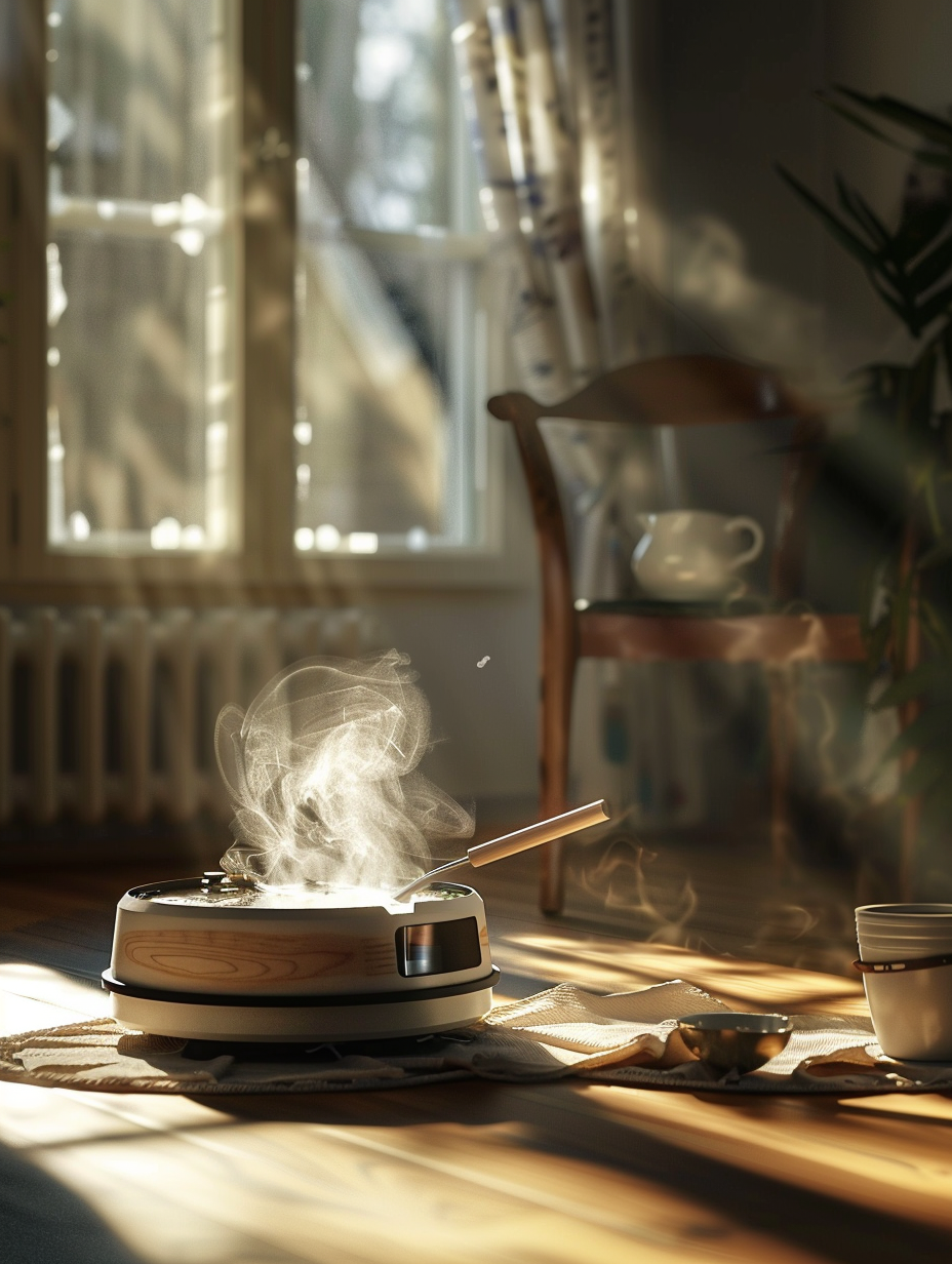 Roomba as soup pot, steaming in sunlit room.