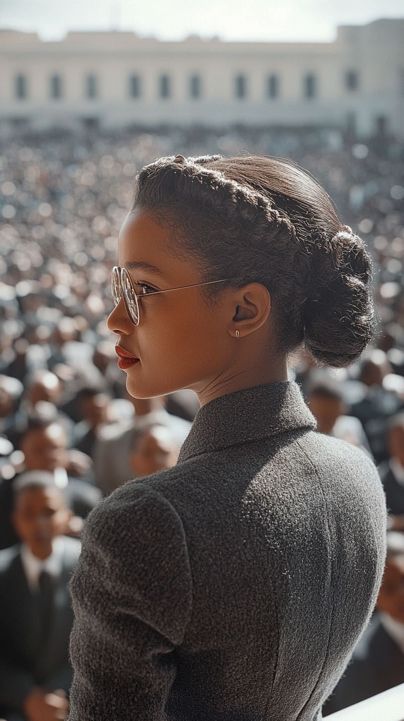 Rosa Parks shows courage in front of crowd.