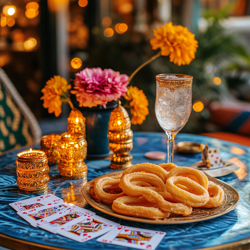 Rose petal churros, cards, marigold, diya, cocktail scene