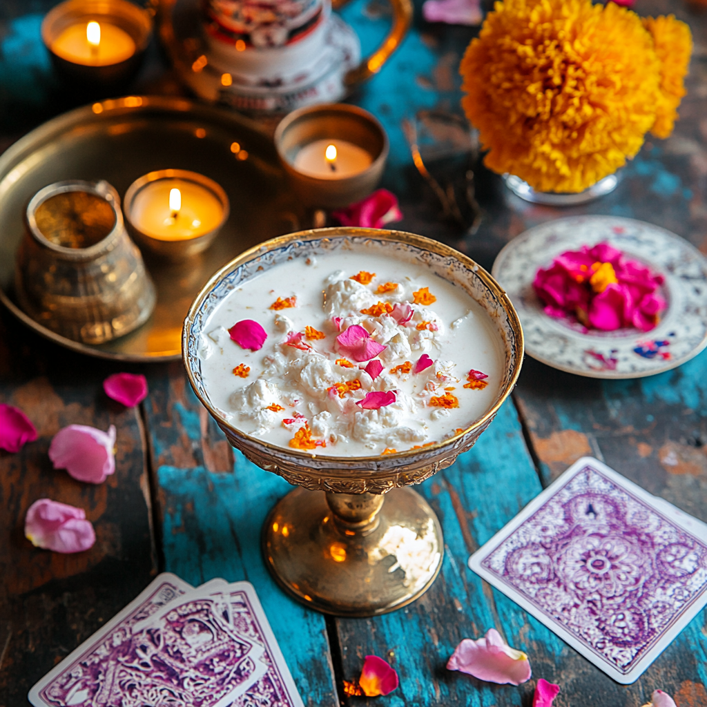 Rose petal shrikhand, cards, marigold, diyas, gin cocktail