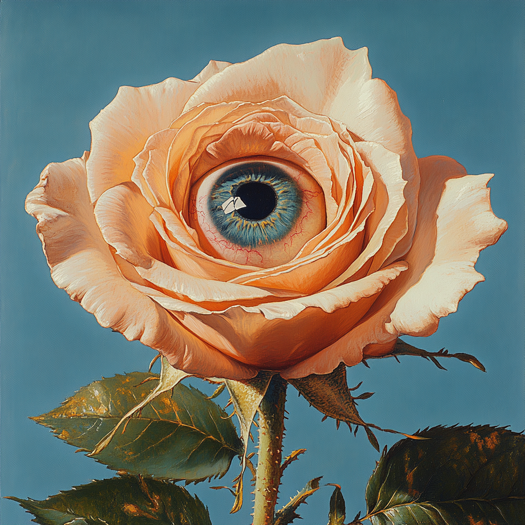 Rose with human eye in delicate harmony. Aesthetically pleasing.