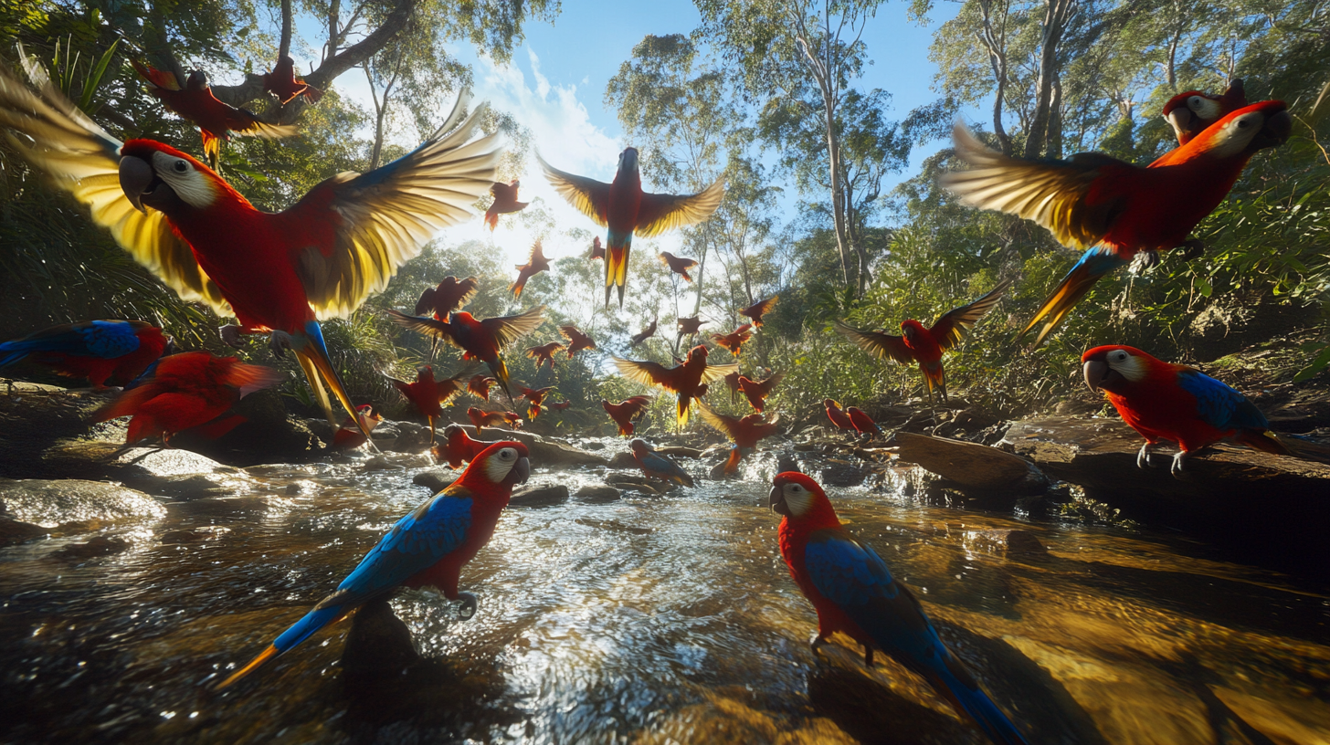 Rosella parakeets in flight and on ground by stream.