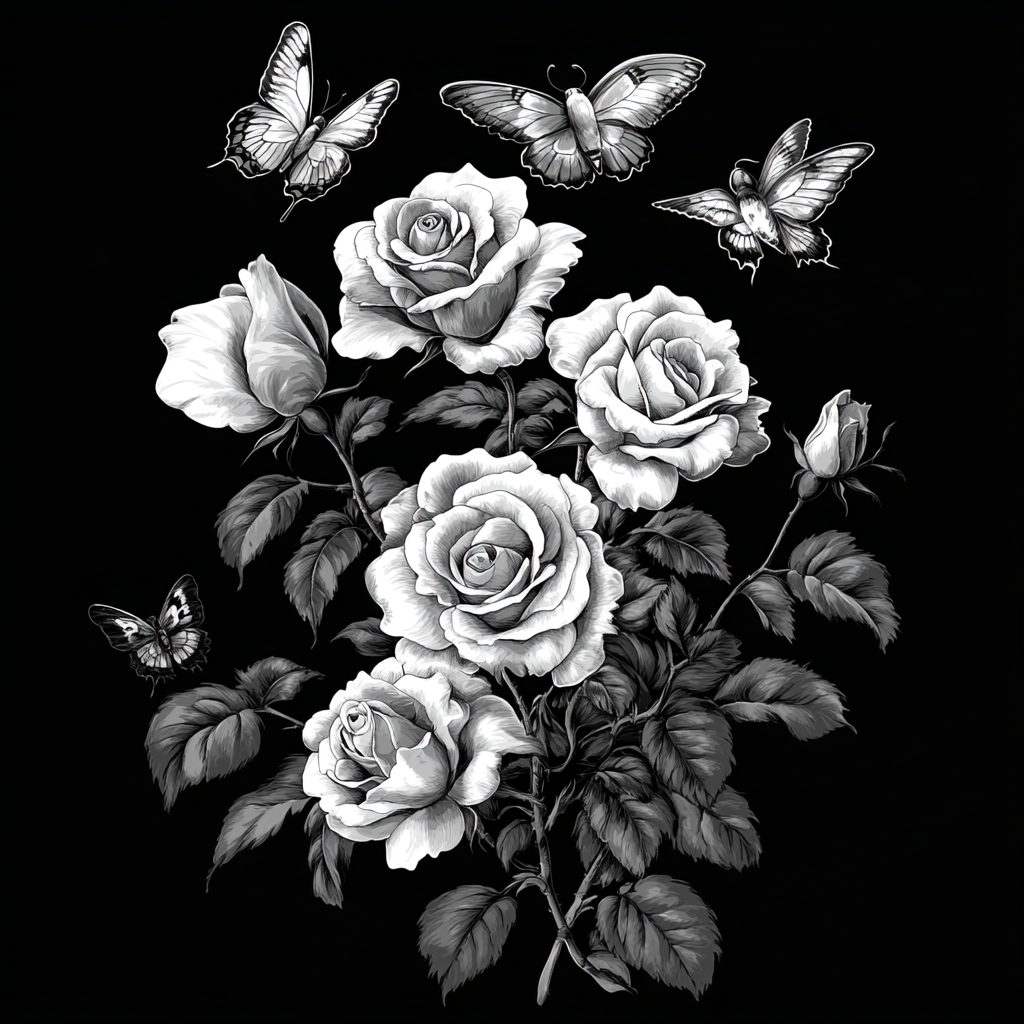 Roses, butterflies, birds in black and white vector image.