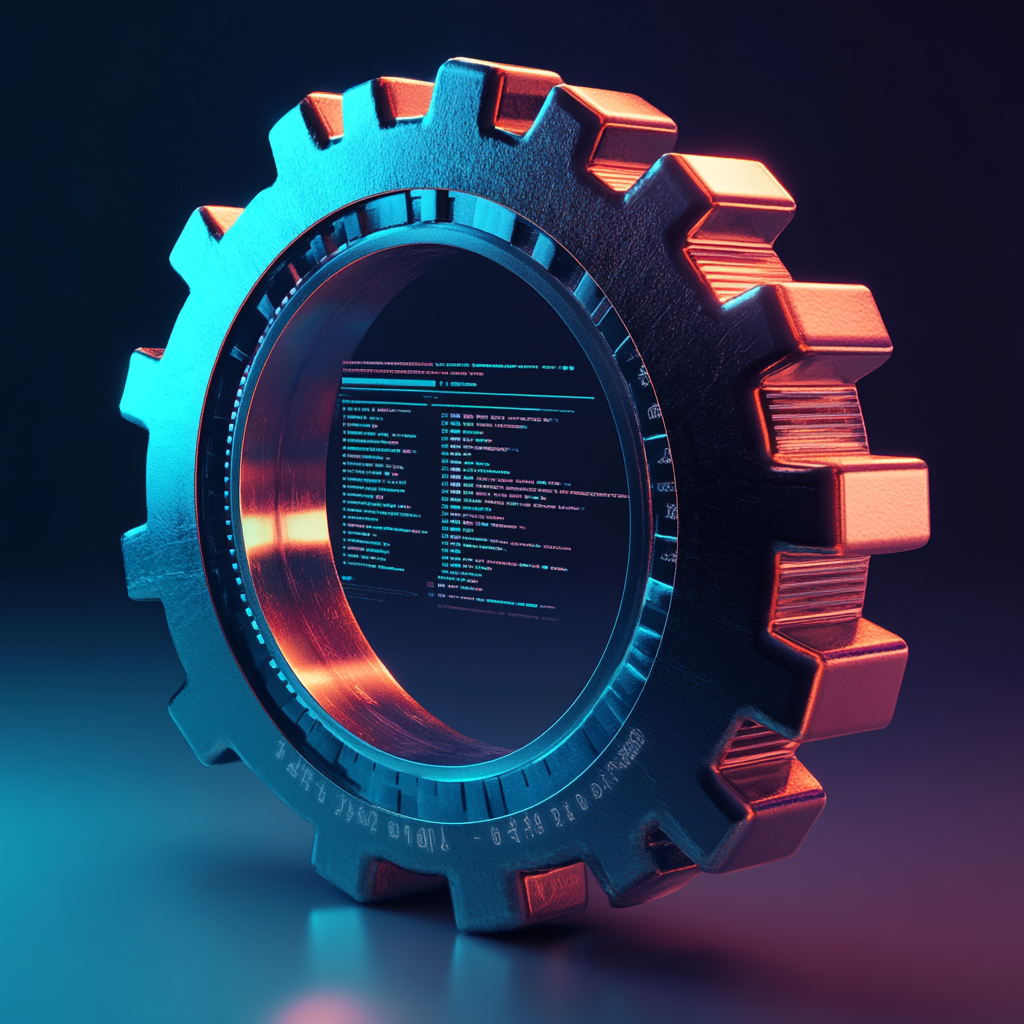 Rotating gear with design interface and code snippets representation.