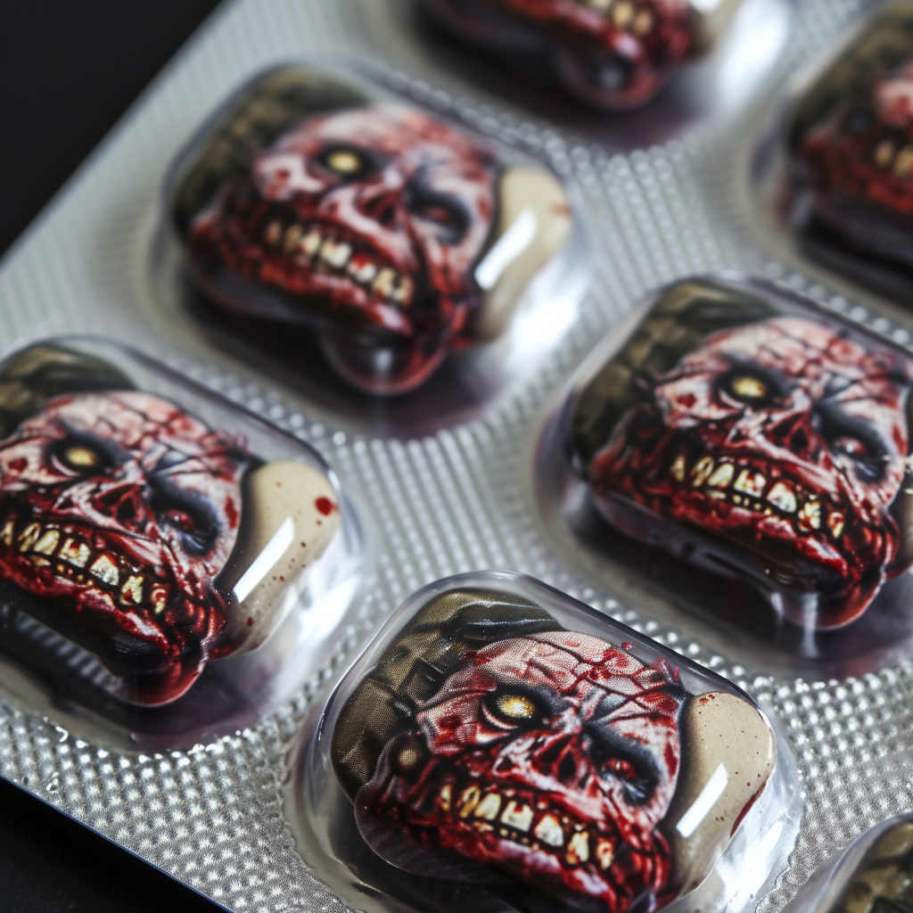 Zombie Pills with Rotten Brown Grey Red Appearance