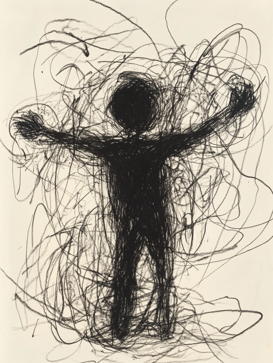 Rough sketch of figure with abstract waves of happiness.