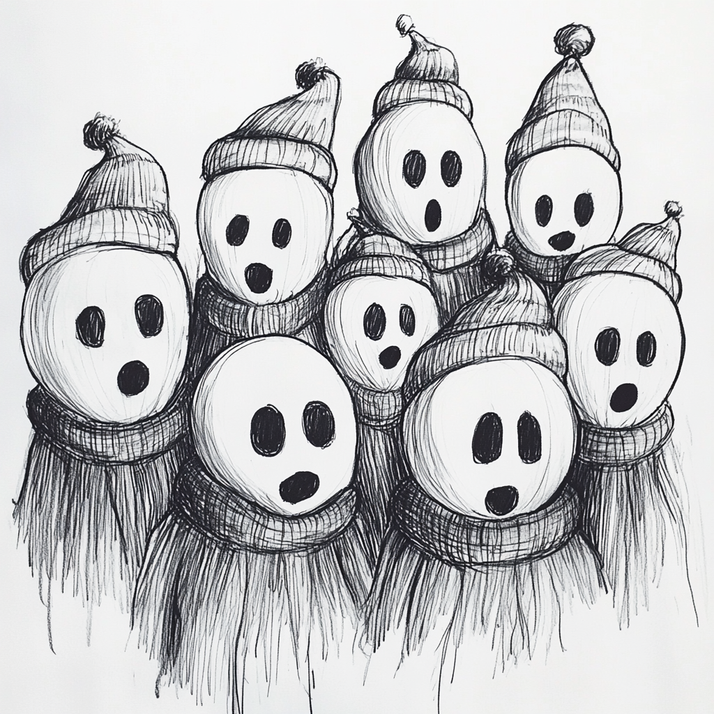 Round Ghosts Singing Carols in Christmas Attire