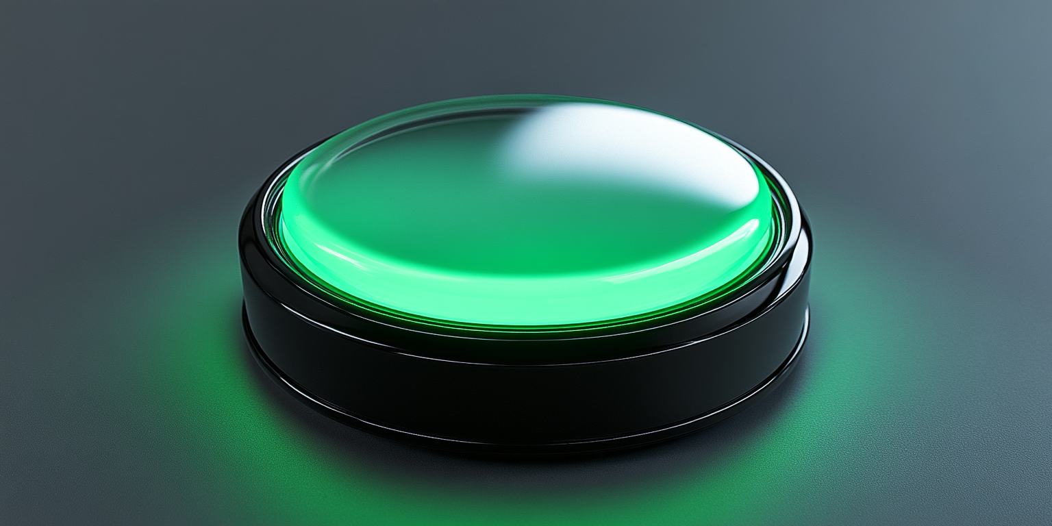 Round button with glass on black base glowing green.