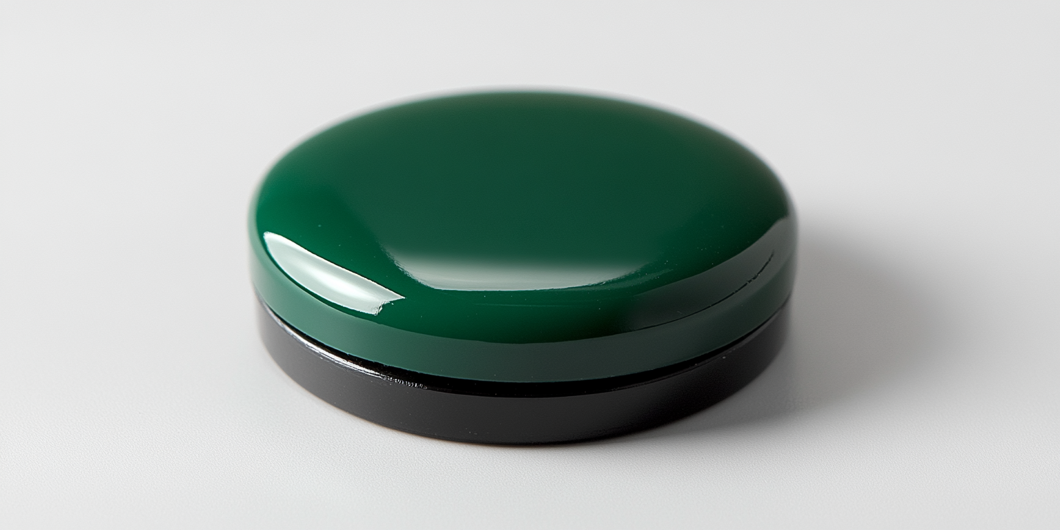 Round green button on black base, angled left.