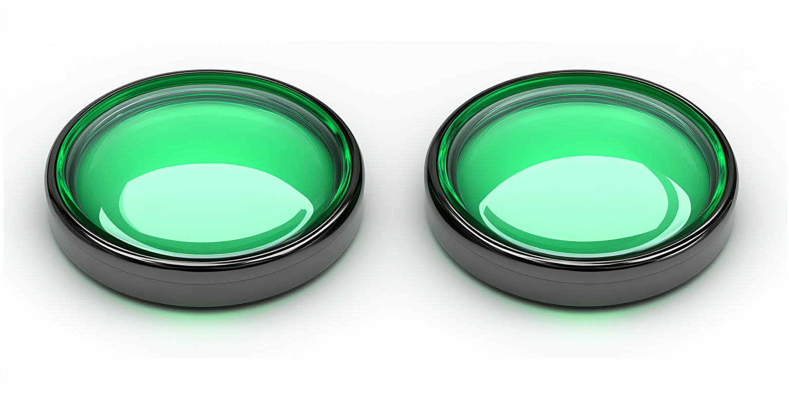 Round green glowing button with glass, viewed from above.