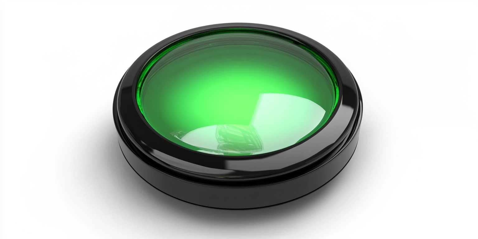 Round industrial button with transparent glass, glowing green illumination.