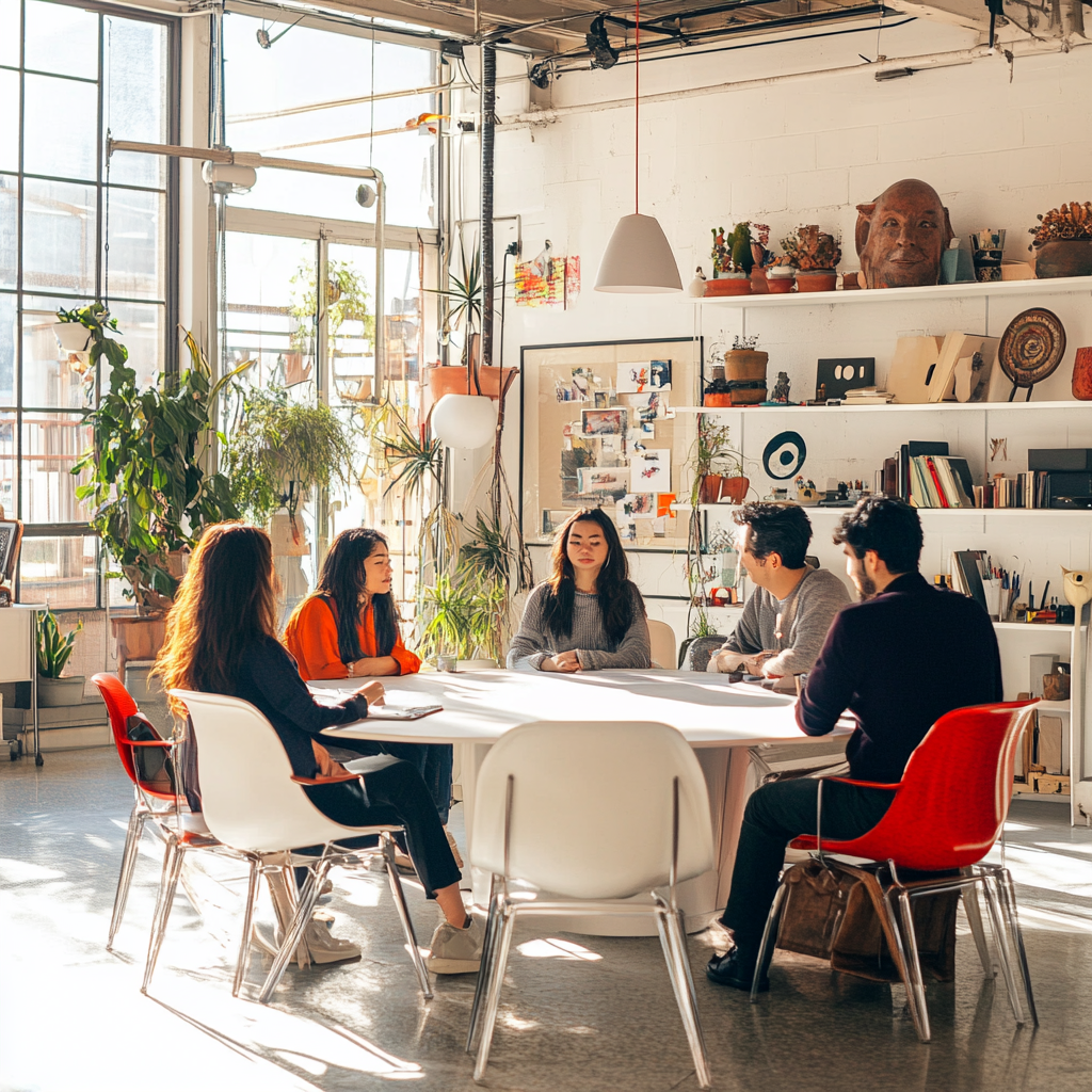 Round table meeting with diverse designers in creative studio.