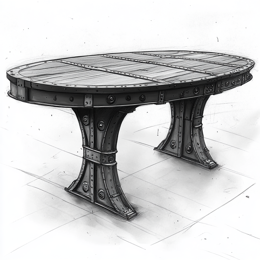 Rounded dining table inspired by locomotives and safes.