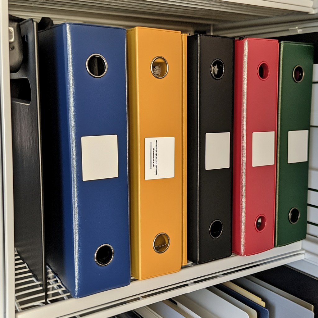 Row of 7 binders in metal rack, labeled neatly.