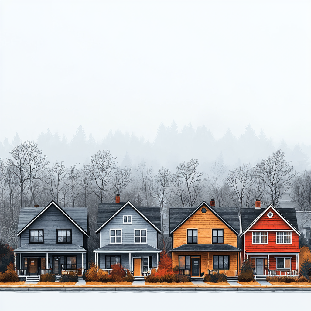 Row of identical houses with two colors, gray skyline.