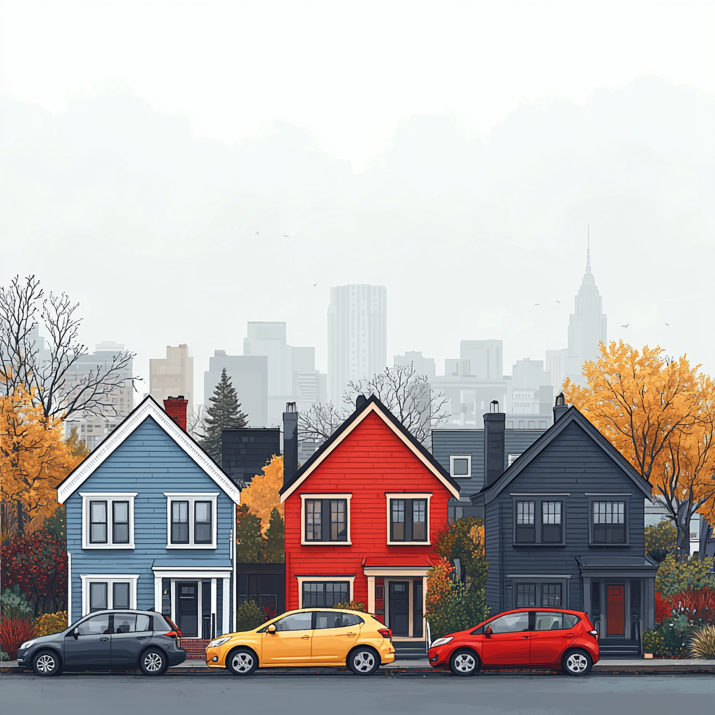 Row of identical houses with two colors, skline backdrop.