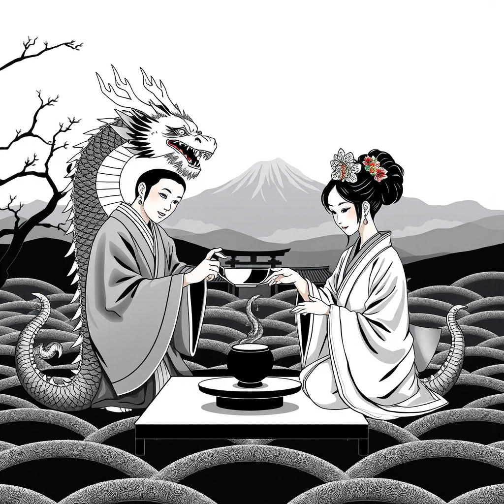 Royal Japanese Tea Ceremony with Geometric Background