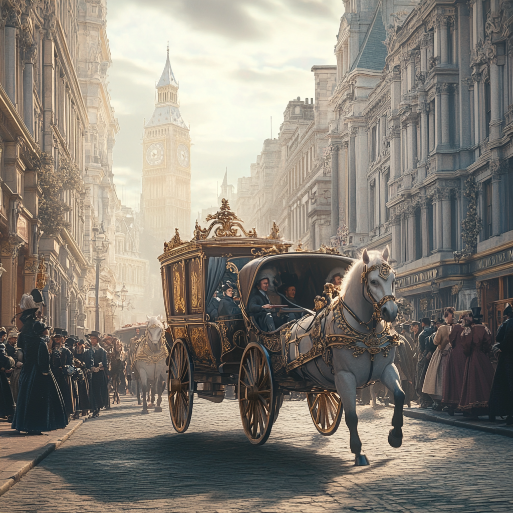 Royal horse-drawn carriage in crowded 18th-century London.