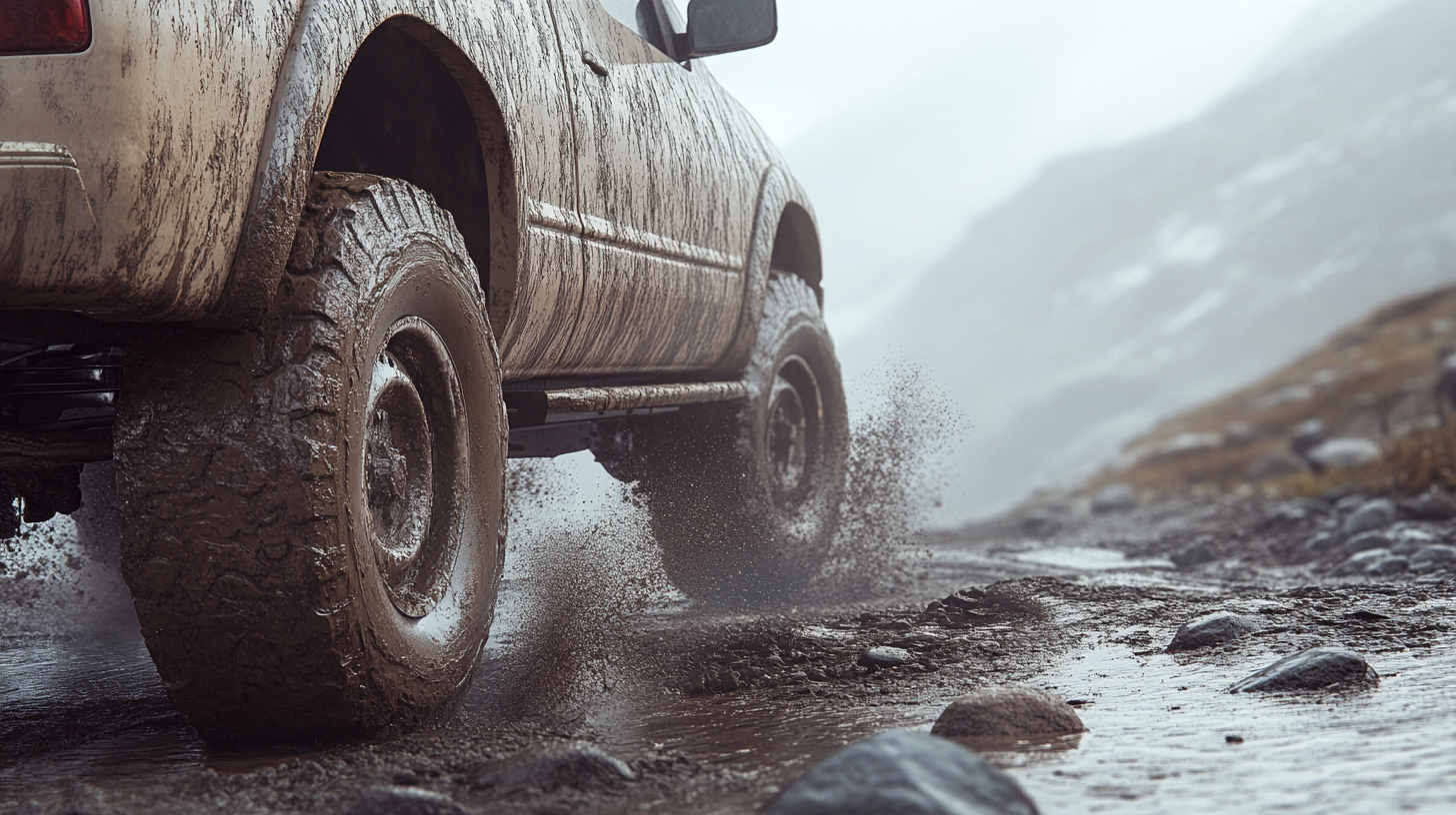 Rugged Ford Truck Wheel Splashes Through Mud Trail