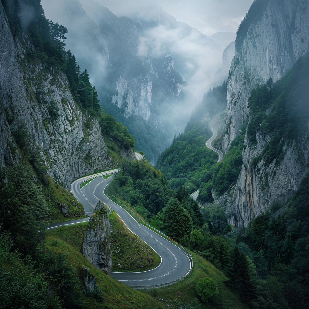 Rugged Transylvanian mountains with winding road and forests.