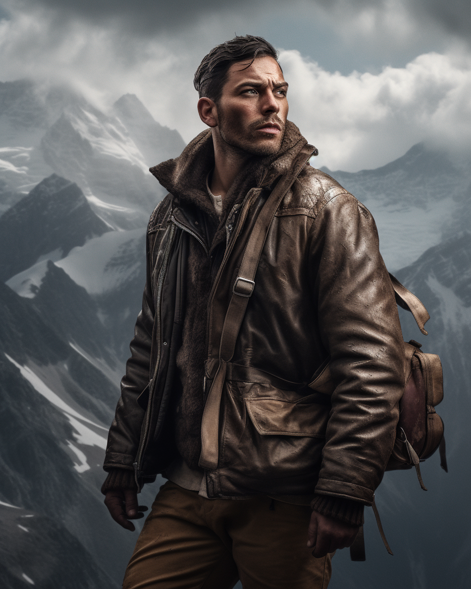 Rugged explorer in leather jacket surrounded by snowy mountains.